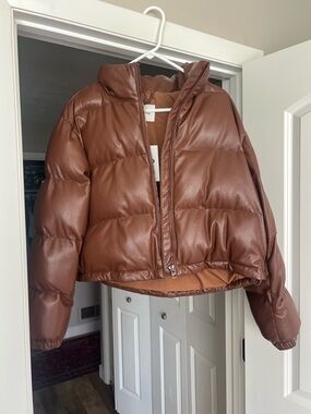 Wilfred Brown Faux-Leather Cropped Puffer Jacket